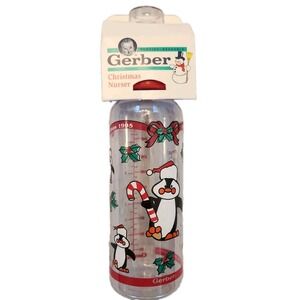 Vtg NOS Gerber Baby Bottle 9 oz. Christmas Nurser Penguin Santas Green Nipple 95